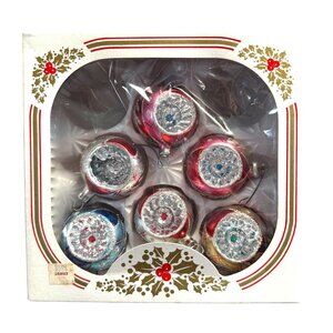 Vintage Glass Christmas Ornaments Set Of 6 Red & Silver Glitter Accents 1 Broken